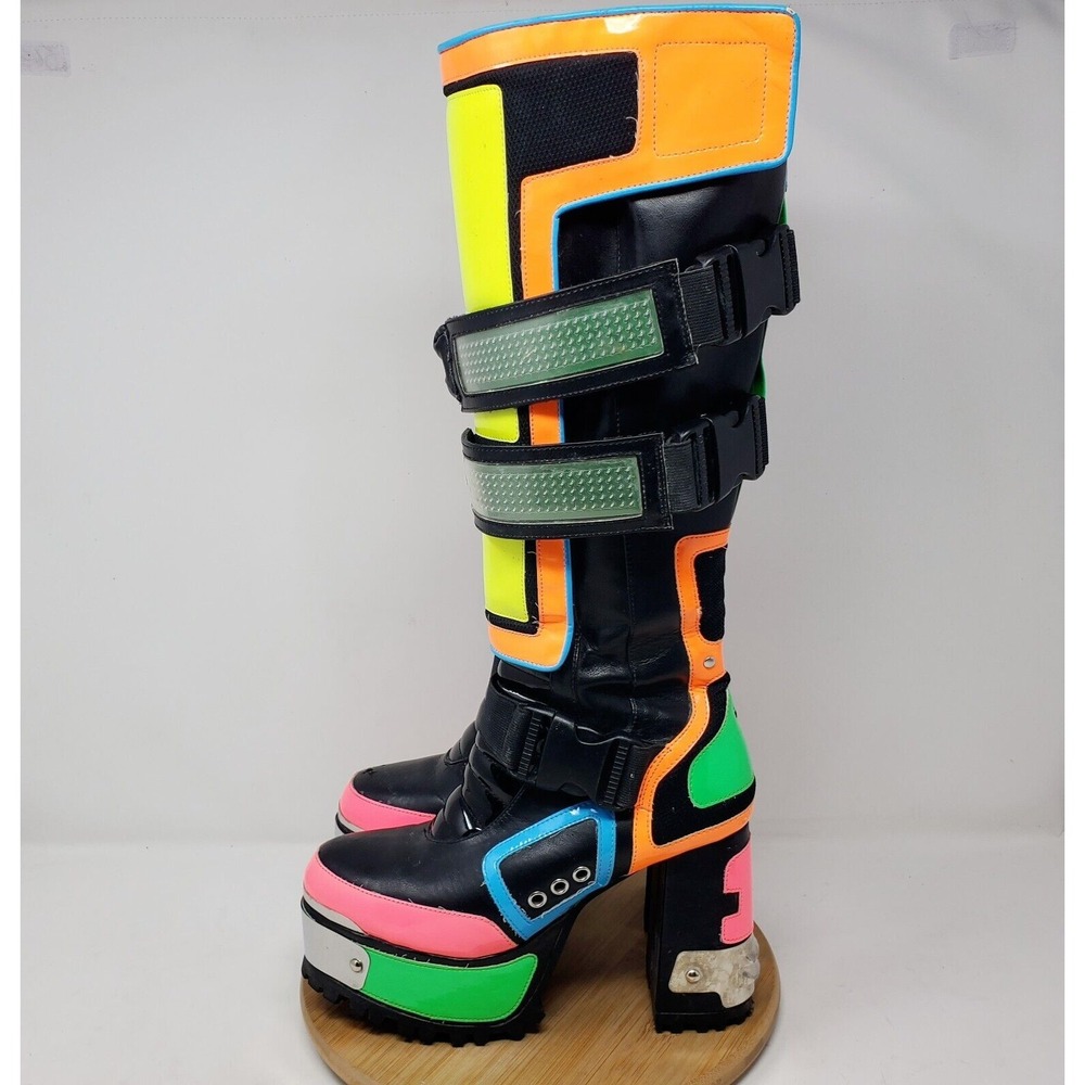 Club Exx Cybertron Babe Boots Womens 6‎ Platform Neon Vegan Lug Heel LED Straps